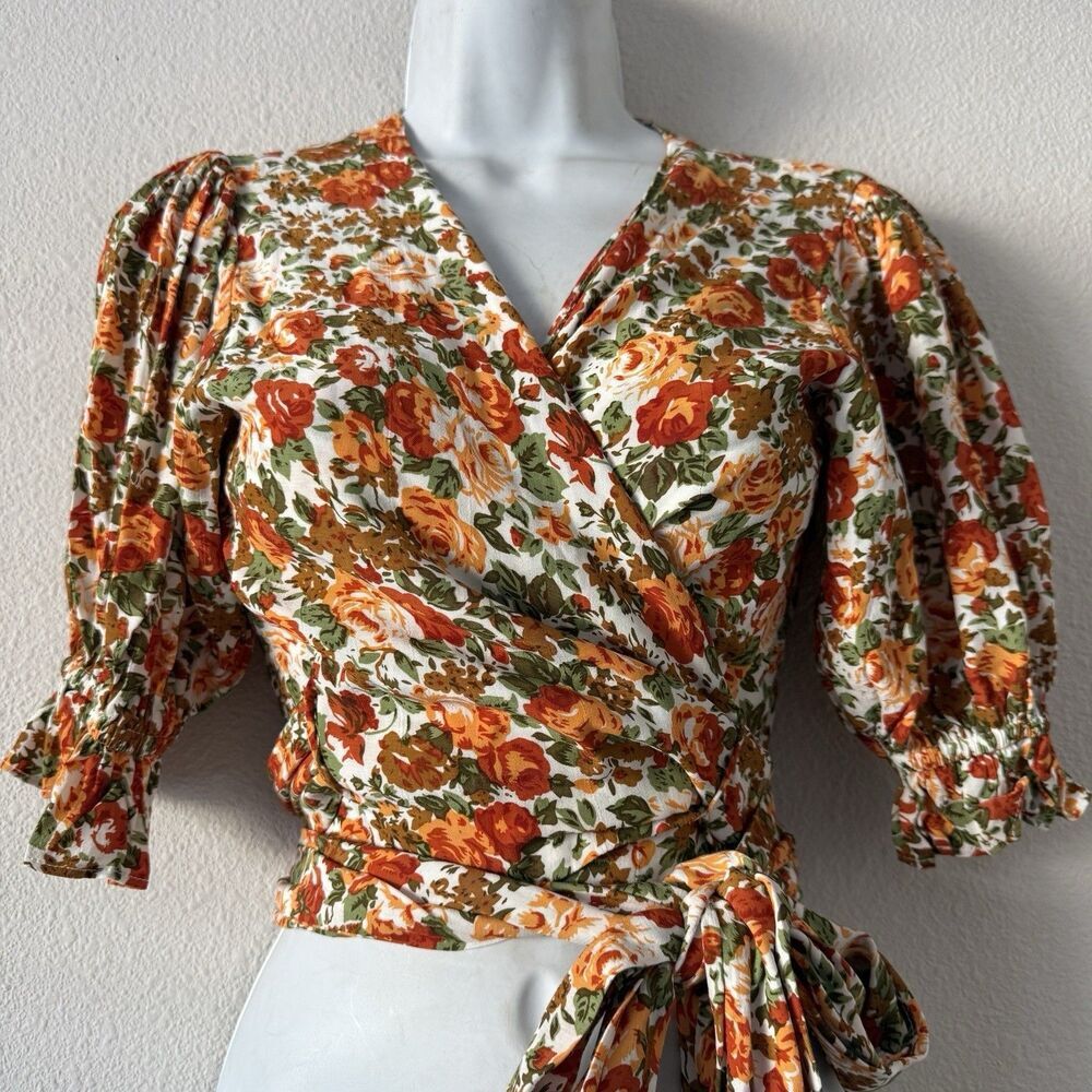 Faithfull the Brand Cropped Blouse Women’s XS 2 Floral Wrap Puff Sleeve Tie